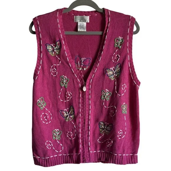 Mandal Bay VIntage Vest Butterfly Embroidered Grandmacore Teachercore Pink Zip L - Picture 1 of 6